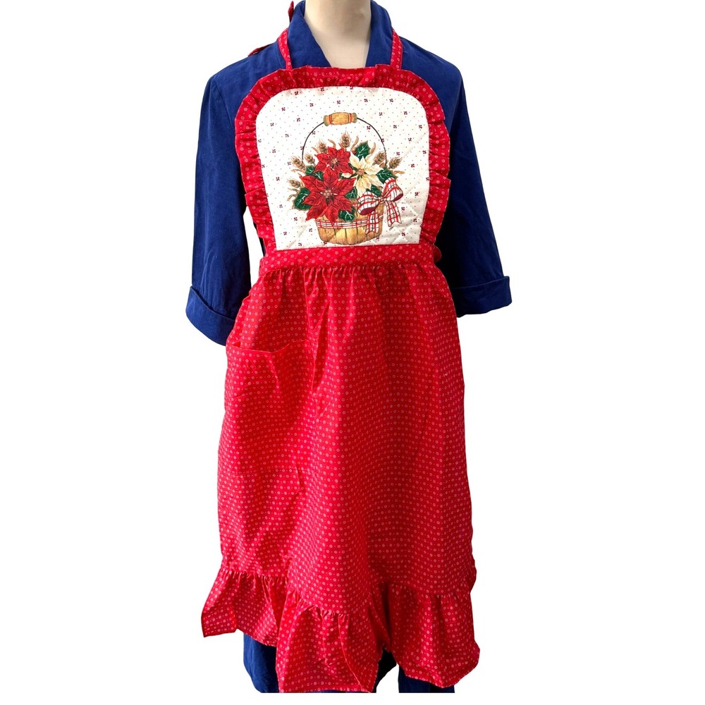 Vintage Christmas Apron Poinsettia Basket Ruffle Holiday Trimmings Cottagecore